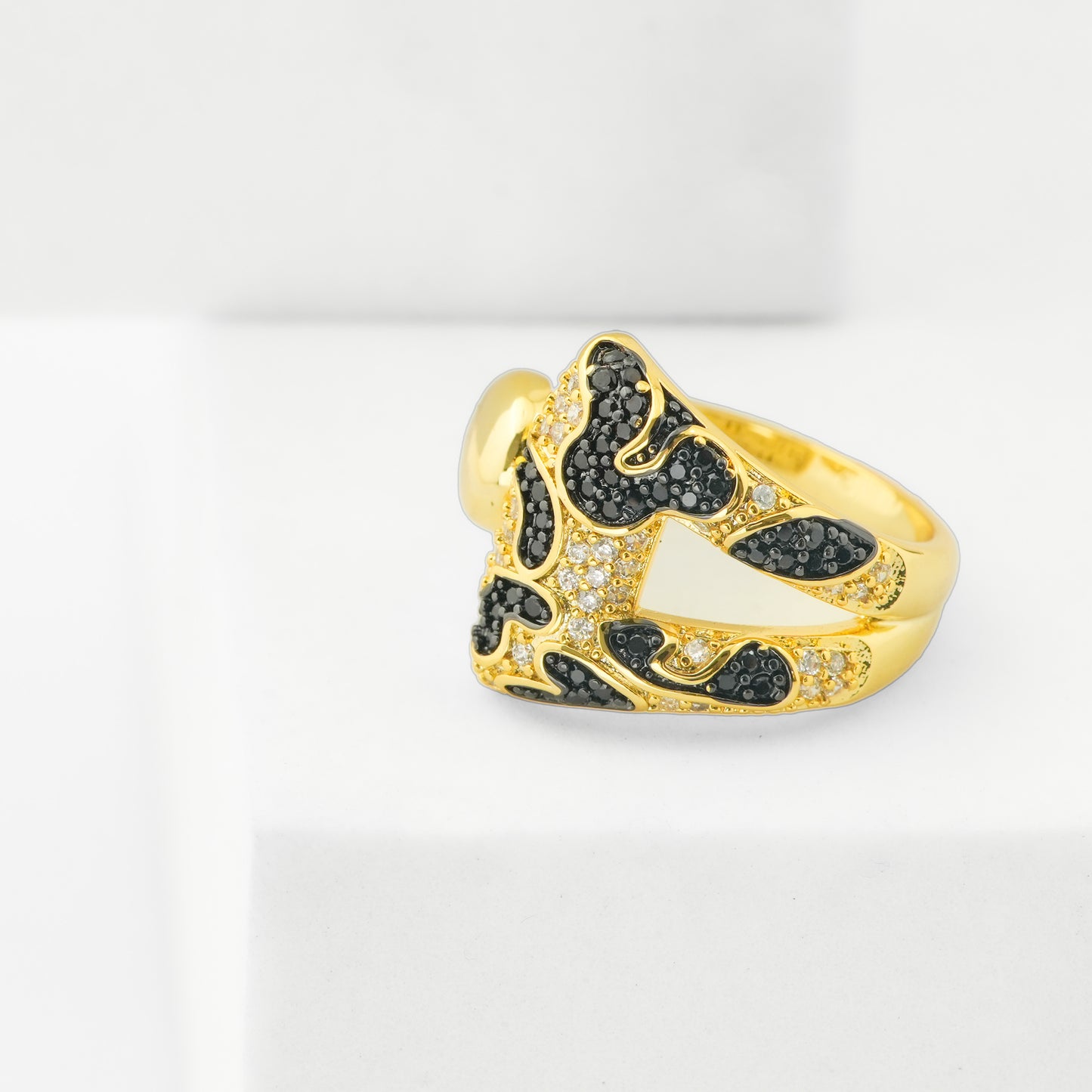 Cheetah Print Shield Design Ring for Women in Gold Finish with Black Enamel and Crystal Detailing | Stylish Statement Fashion Jewelry for Party, Wedding, Daily Wear