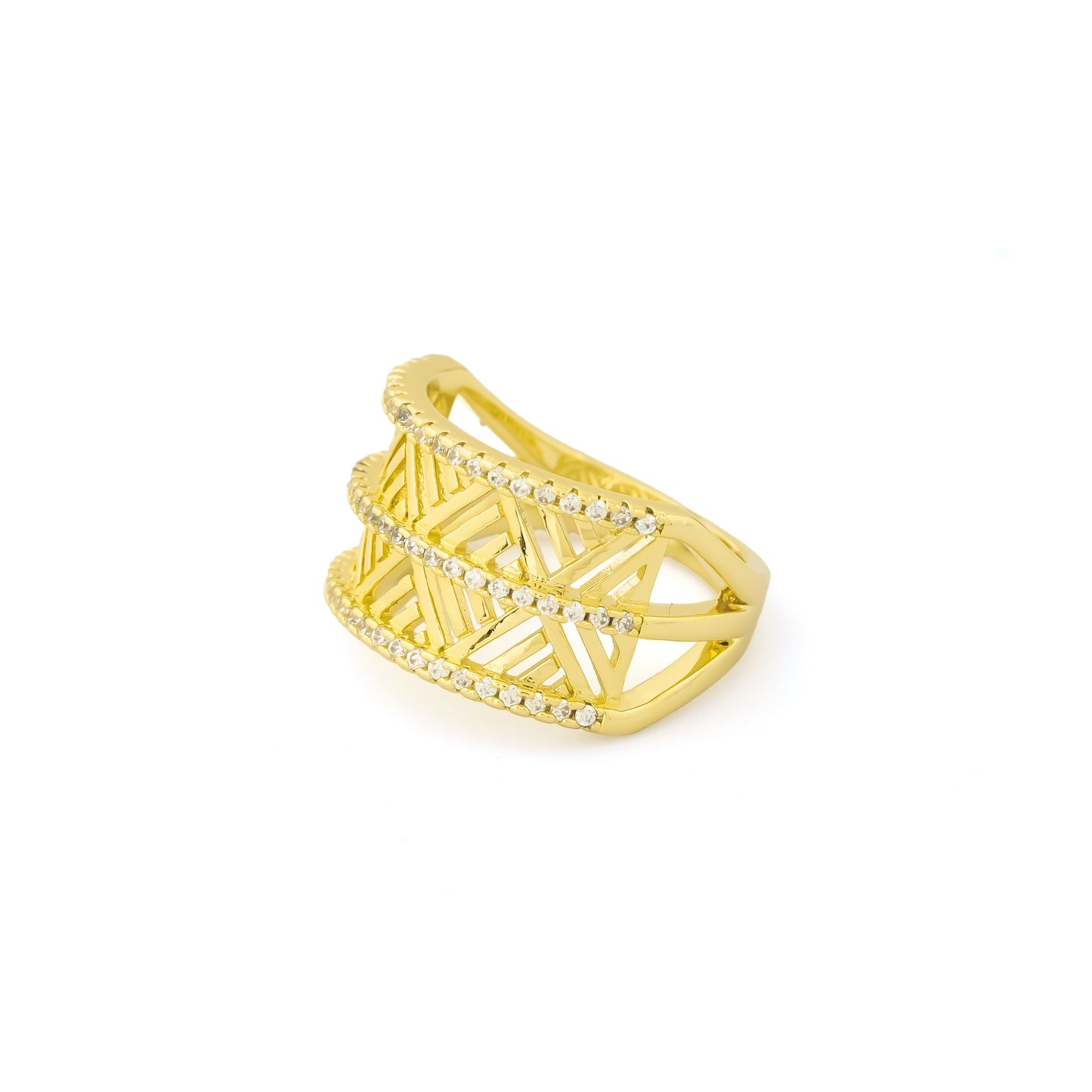 Geometric Pattern Gold Finish Ring for Women with Crystal Detailing | Stylish Statement Fashion Jewelry for Party, Wedding and Daily Wear