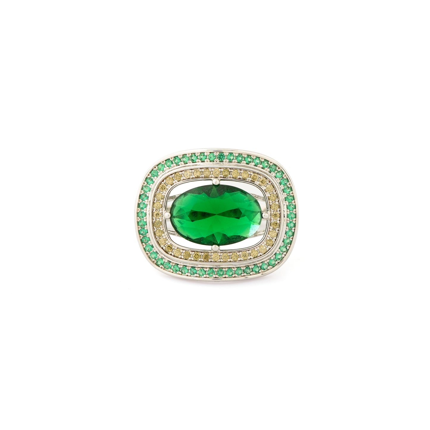 Square Design Green Stone Ring for Women with Silver Finish and Double Crystal Studded Border | Stylish Statement Fashion Jewelry for Party, Wedding and Daily Wear