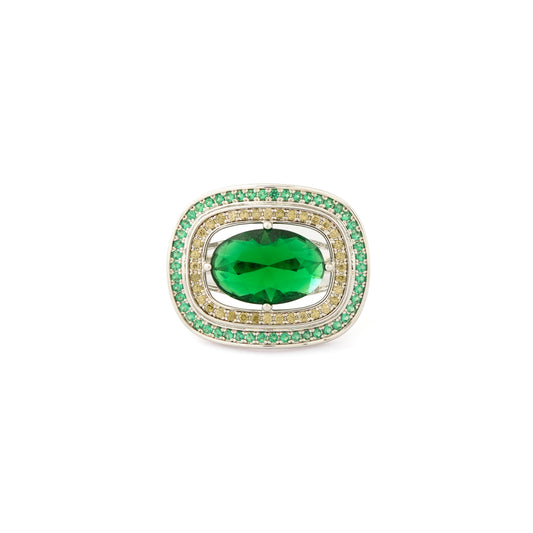 Square Design Green Stone Ring for Women with Silver Finish and Double Crystal Studded Border | Stylish Statement Fashion Jewelry for Party, Wedding and Daily Wear