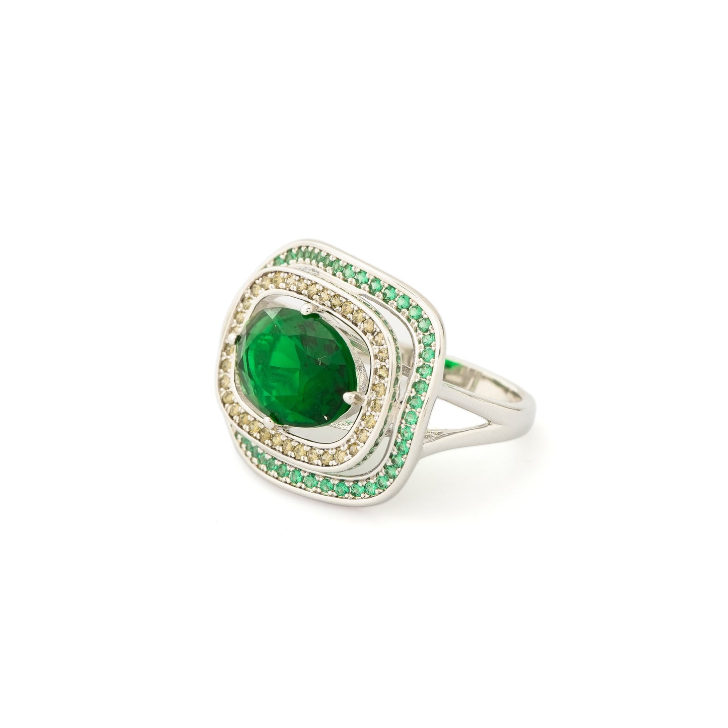 Square Design Green Stone Ring for Women with Silver Finish and Double Crystal Studded Border | Stylish Statement Fashion Jewelry for Party, Wedding and Daily Wear