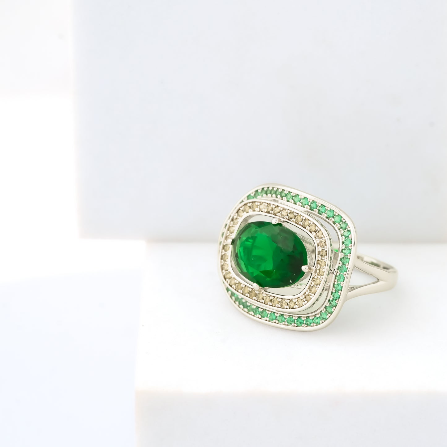 Square Design Green Stone Ring for Women with Silver Finish and Double Crystal Studded Border | Stylish Statement Fashion Jewelry for Party, Wedding and Daily Wear