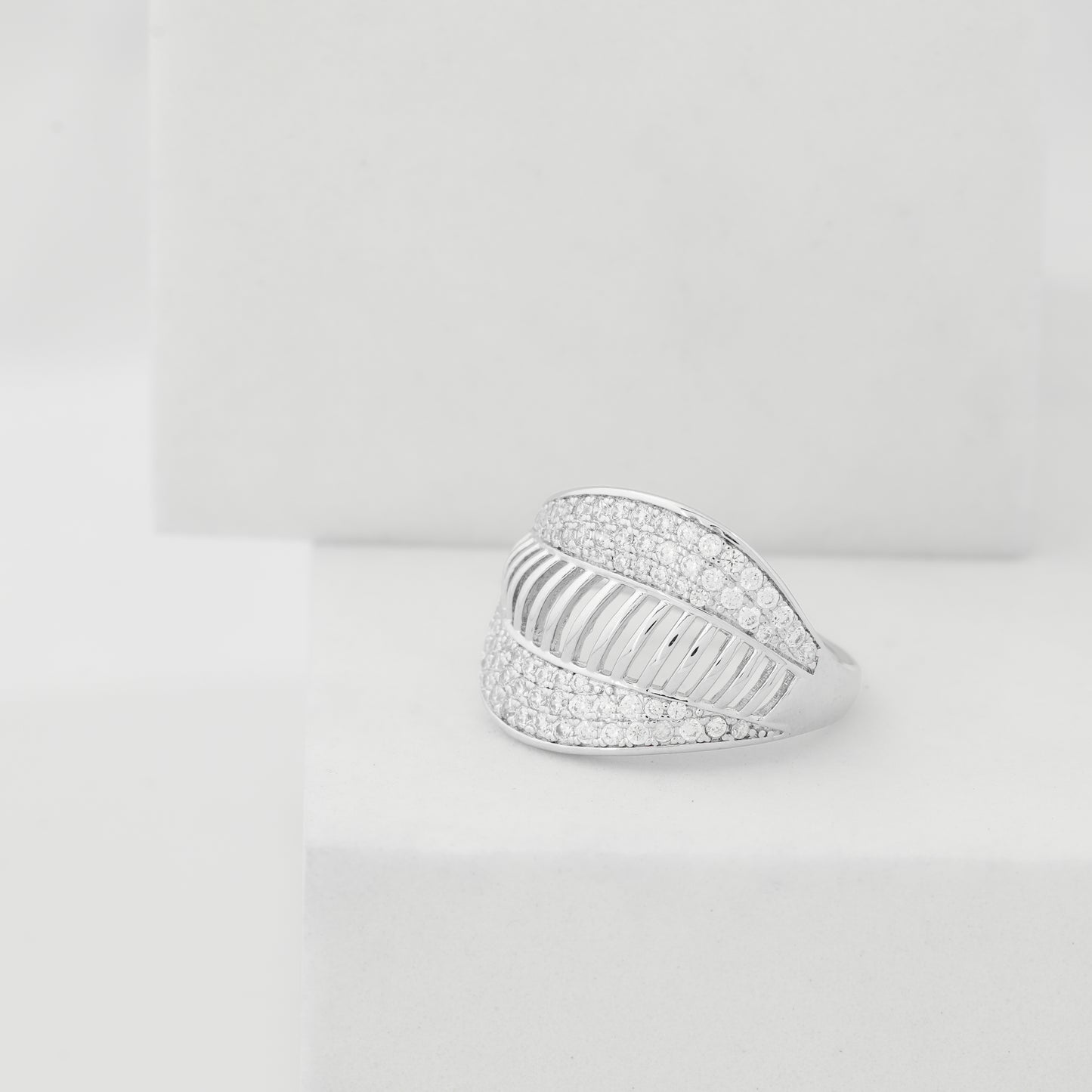 Aura Crystal Feather Silver Plated Designer Ring for Women with Modern Layered Pattern and Diamond Look Crystal Studded Design | Trendy Daily Wear, Party Wear and Wedding Jewelry