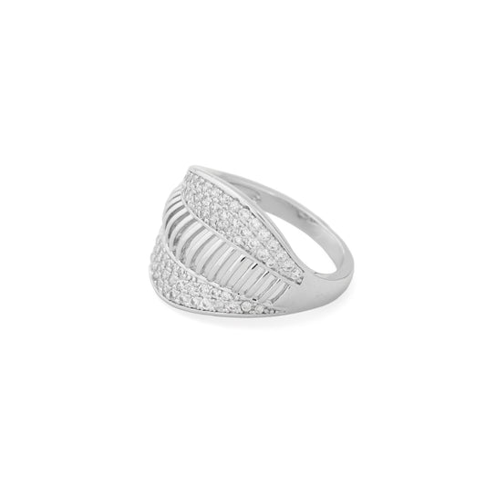 Aura Crystal Feather Silver Plated Designer Ring for Women with Modern Layered Pattern and Diamond Look Crystal Studded Design | Trendy Daily Wear, Party Wear and Wedding Jewelry