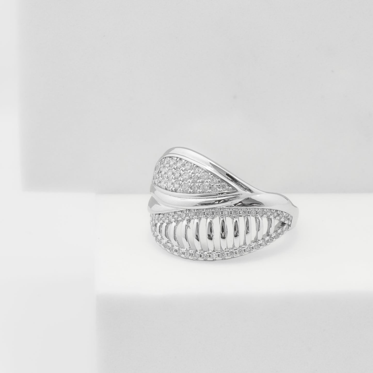 Silver Plated Designer Ring for Women with Modern Overlapping Layered Design and Sparkling Crystal Stones | Fashion Jewelry for Party, Wedding and Daily Wear