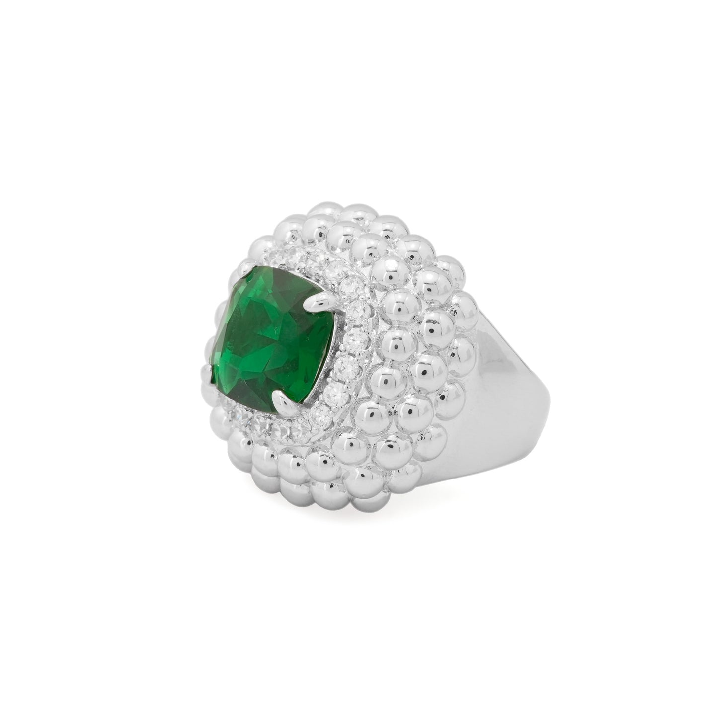 Silver Plated Veridian Glamour Green Stone Ring for Women with Square Emerald Style Center and Beaded Designer Border | Fashion Jewelry for Party, Wedding and Daily Wear