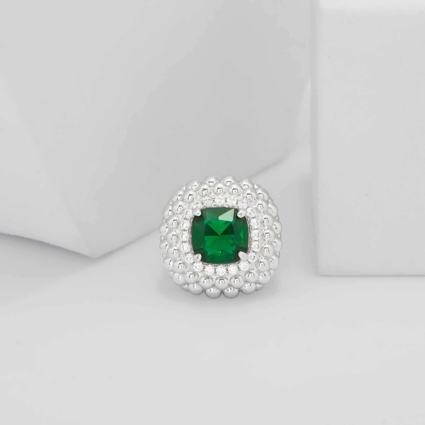 Silver Plated Veridian Glamour Green Stone Ring for Women with Square Emerald Style Center and Beaded Designer Border | Fashion Jewelry for Party, Wedding and Daily Wear