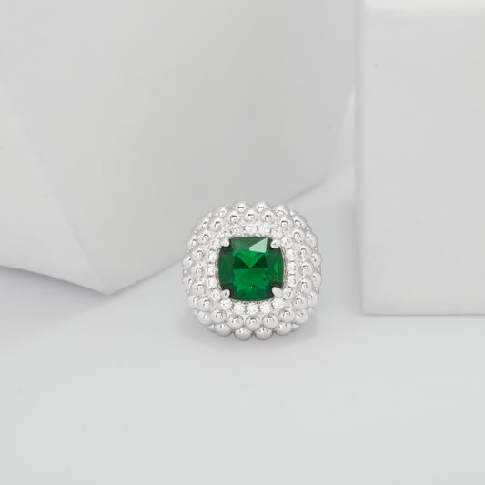 Silver Plated Veridian Glamour Green Stone Ring for Women with Square Emerald Style Center and Beaded Designer Border | Fashion Jewelry for Party, Wedding and Daily Wear