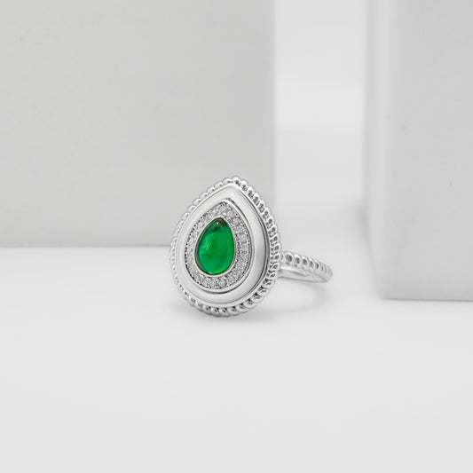 Pear Shaped Green Stone Ring for Women with Silver Finish and Crystal Studded Double Border | Fashion Jewelry for Party, Wedding and Daily Wear