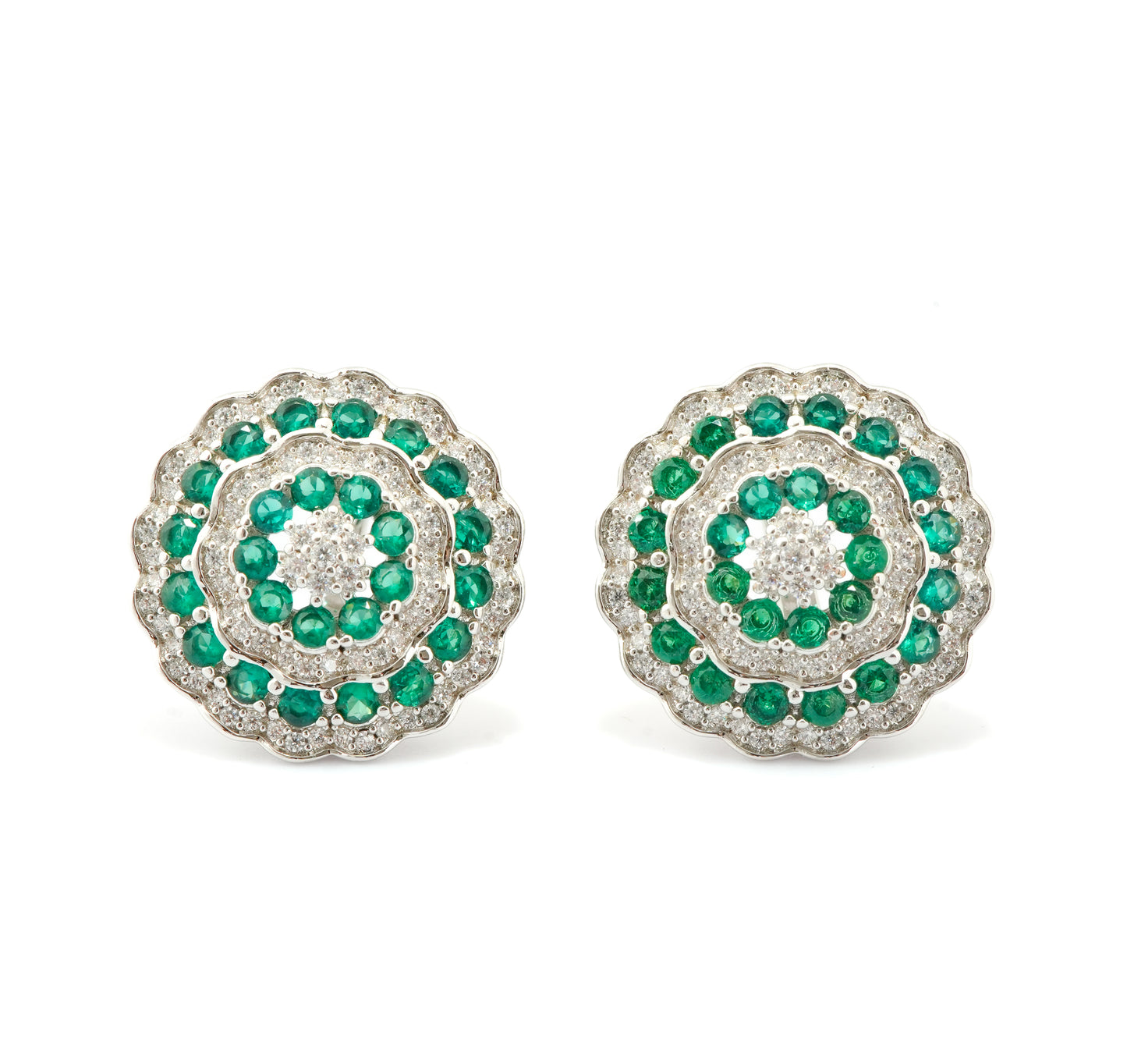 Silver-Plated Circular Stud Earrings with Emerald Green and Diamond-Like Concentric Detailing