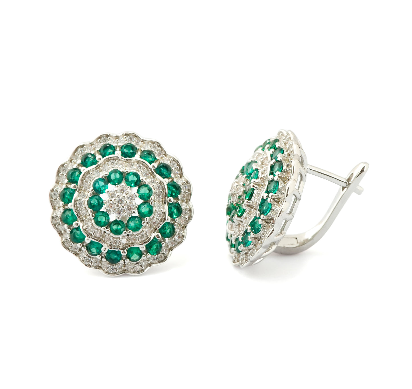 Silver-Plated Circular Stud Earrings with Emerald Green and Diamond-Like Concentric Detailing