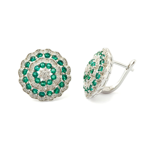 Silver-Plated Circular Stud Earrings with Emerald Green and Diamond-Like Concentric Detailing