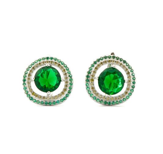Radiant Silver-Plated Round Stud Earrings with Emerald Green Center Stone and Dual Halo of Crystals for Timeless Sophistication