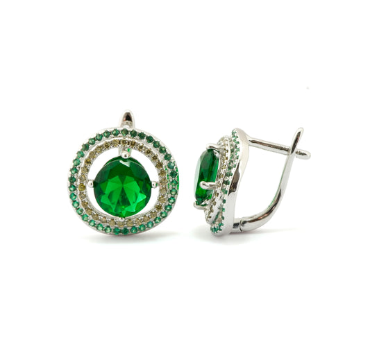 Radiant Silver-Plated Round Stud Earrings with Emerald Green Center Stone and Dual Halo of Crystals for Timeless Sophistication