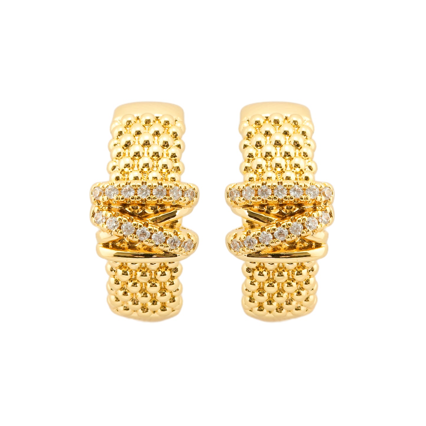 Gold-Plated Textured Hoop Earrings with Sparkling Diamond-Like Crisscross Band Detailing for Luxe Everyday Elegance