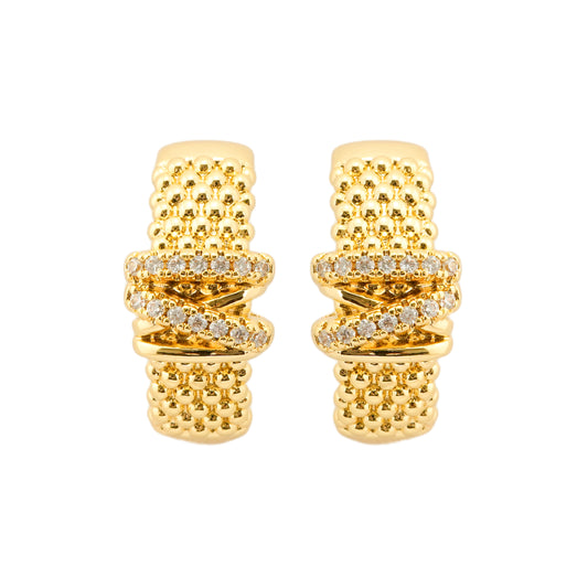 Gold-Plated Textured Hoop Earrings with Sparkling Diamond-Like Crisscross Band Detailing for Luxe Everyday Elegance