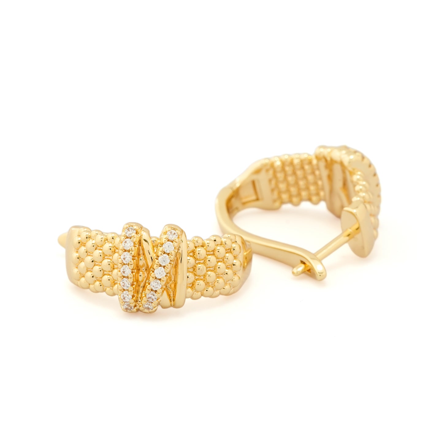 Gold-Plated Textured Hoop Earrings with Sparkling Diamond-Like Crisscross Band Detailing for Luxe Everyday Elegance