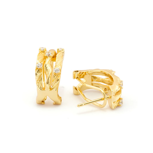 Gold-Plated Textured Hoop Earrings with Dual-Band Design and Sparkling Diamond-Like Accents for Everyday Sophistication