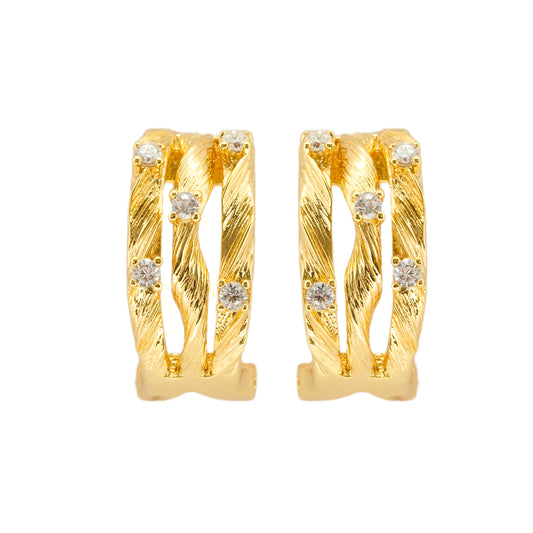Gold-Plated Textured Hoop Earrings with Dual-Band Design and Sparkling Diamond-Like Accents for Everyday Sophistication