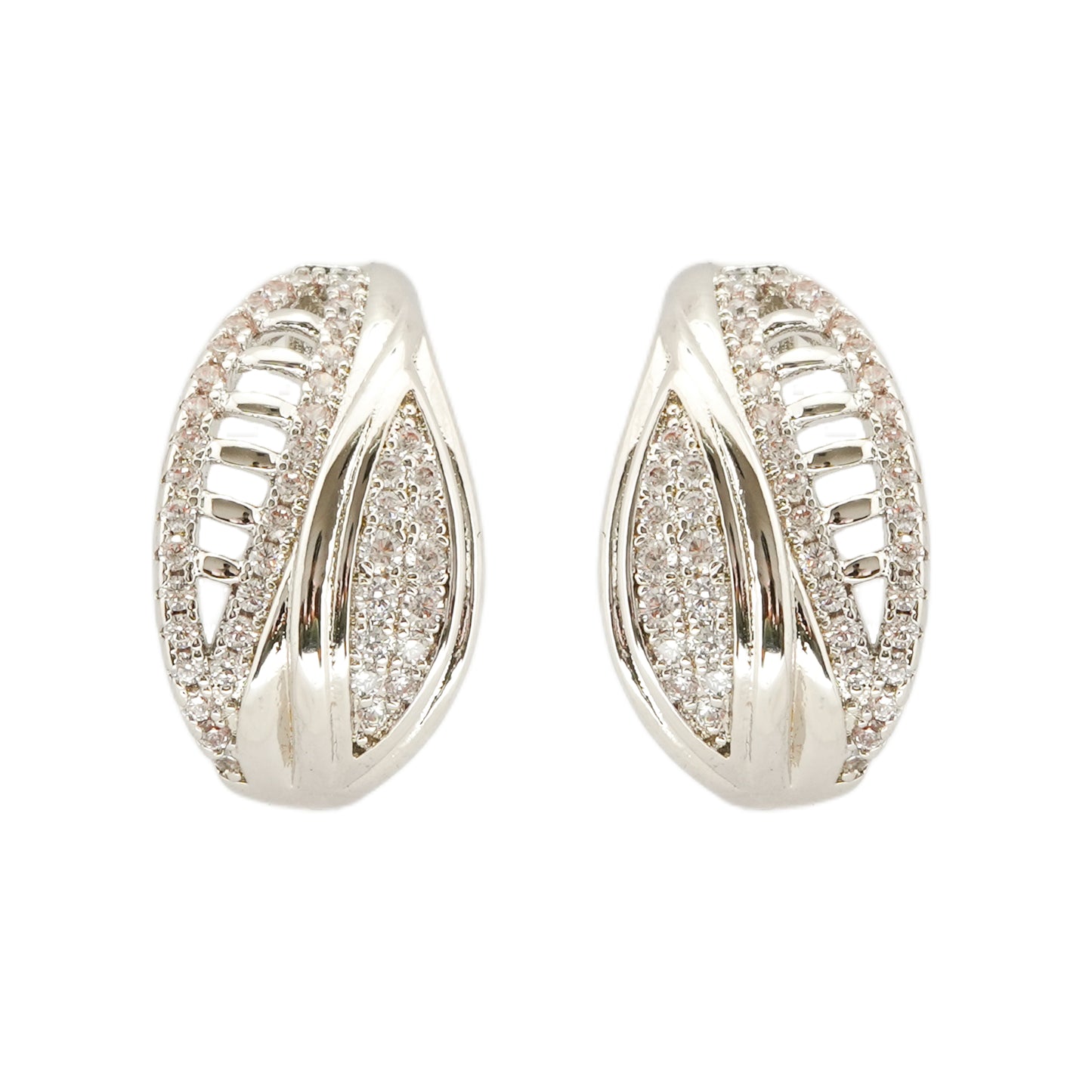 Contemporary Silver-Plated Textured Hoop-Style Earrings with Intricate Cut-Out Detailing and Diamond-Like Pave Accents for Timeless Elegance