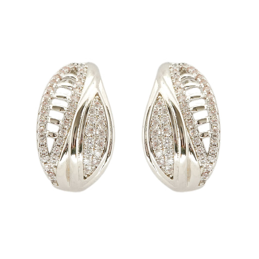 Contemporary Silver-Plated Textured Hoop-Style Earrings with Intricate Cut-Out Detailing and Diamond-Like Pave Accents for Timeless Elegance