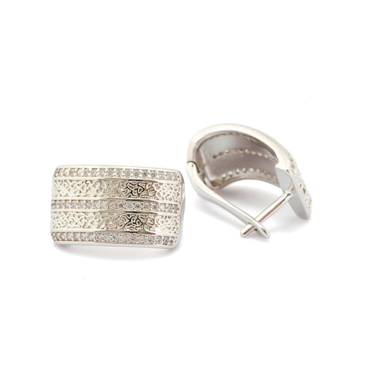 Rectangular Silver-Plated Textured Hoop Earrings with Intricate Layered Diamond-Like Detailing for Modern Elegance