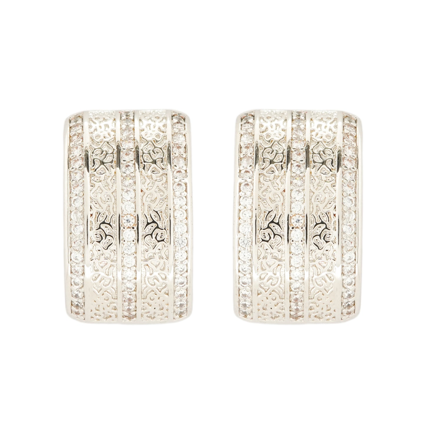 Rectangular Silver-Plated Textured Hoop Earrings with Intricate Layered Diamond-Like Detailing for Modern Elegance