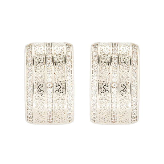 Rectangular Silver-Plated Textured Hoop Earrings with Intricate Layered Diamond-Like Detailing for Modern Elegance