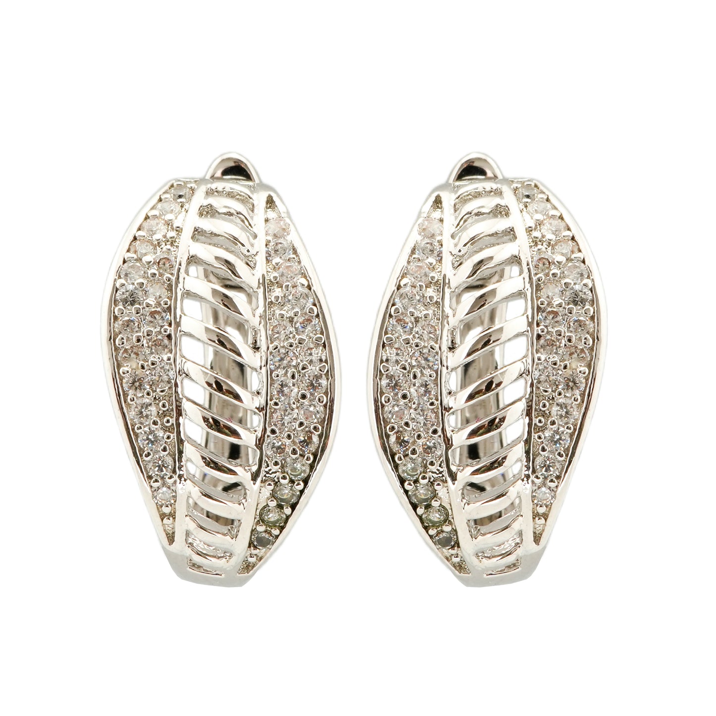 Silver-Plated Leaf-Inspired Earrings with Diamond-Like Pave Detailing and Intricate Textured Design for Timeless Elegance