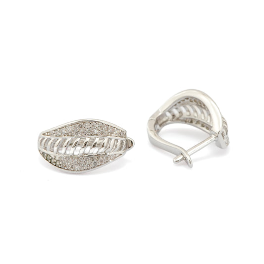 Silver-Plated Leaf-Inspired Earrings with Diamond-Like Pave Detailing and Intricate Textured Design for Timeless Elegance