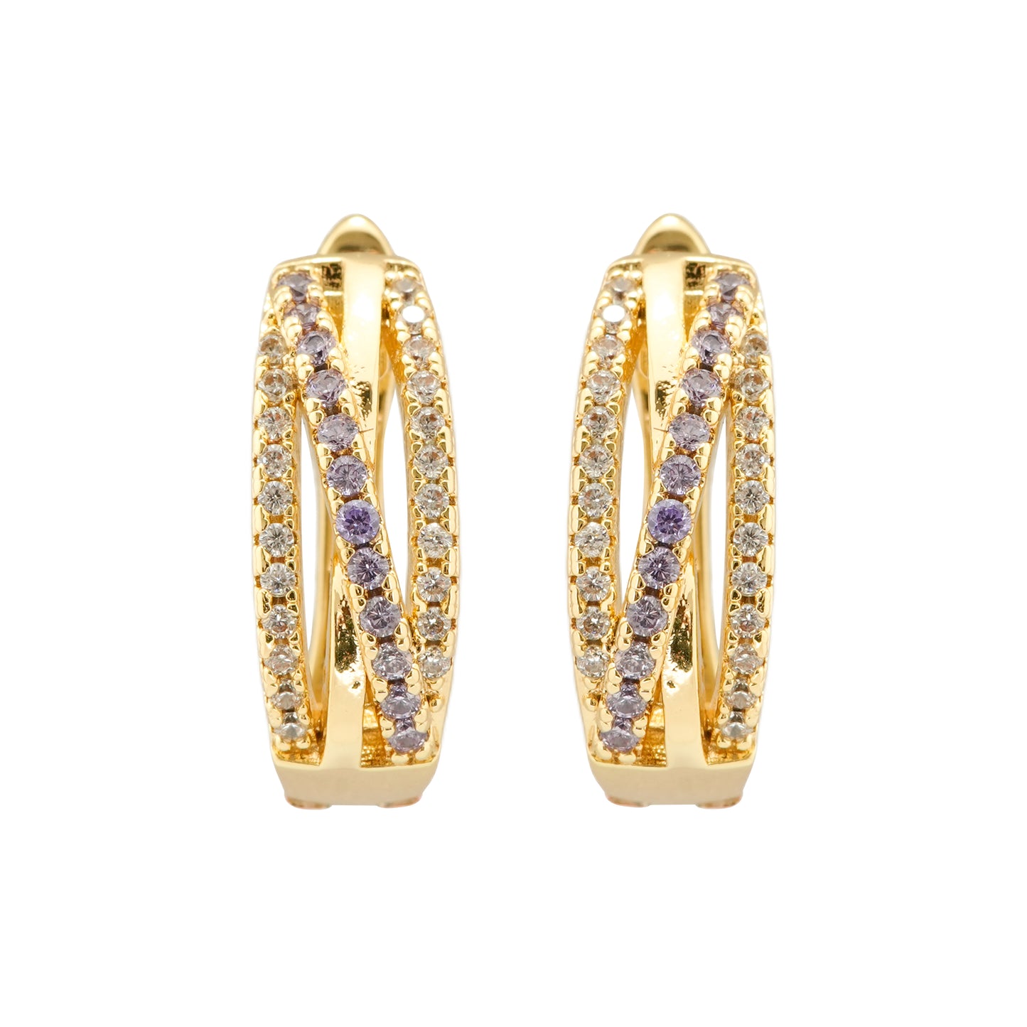 Gold-Plated Crisscross Hoop Earrings with Dual Rows of Diamond-Like Stones for Modern Glamour and Timeless Appeal