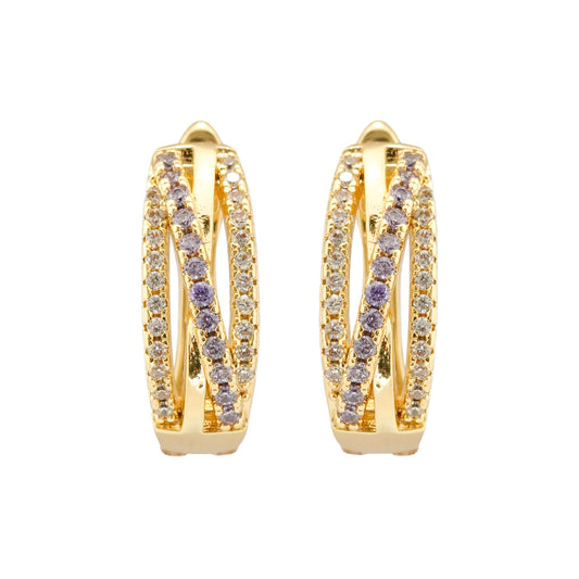 Gold-Plated Crisscross Hoop Earrings with Dual Rows of Diamond-Like Stones for Modern Glamour and Timeless Appeal