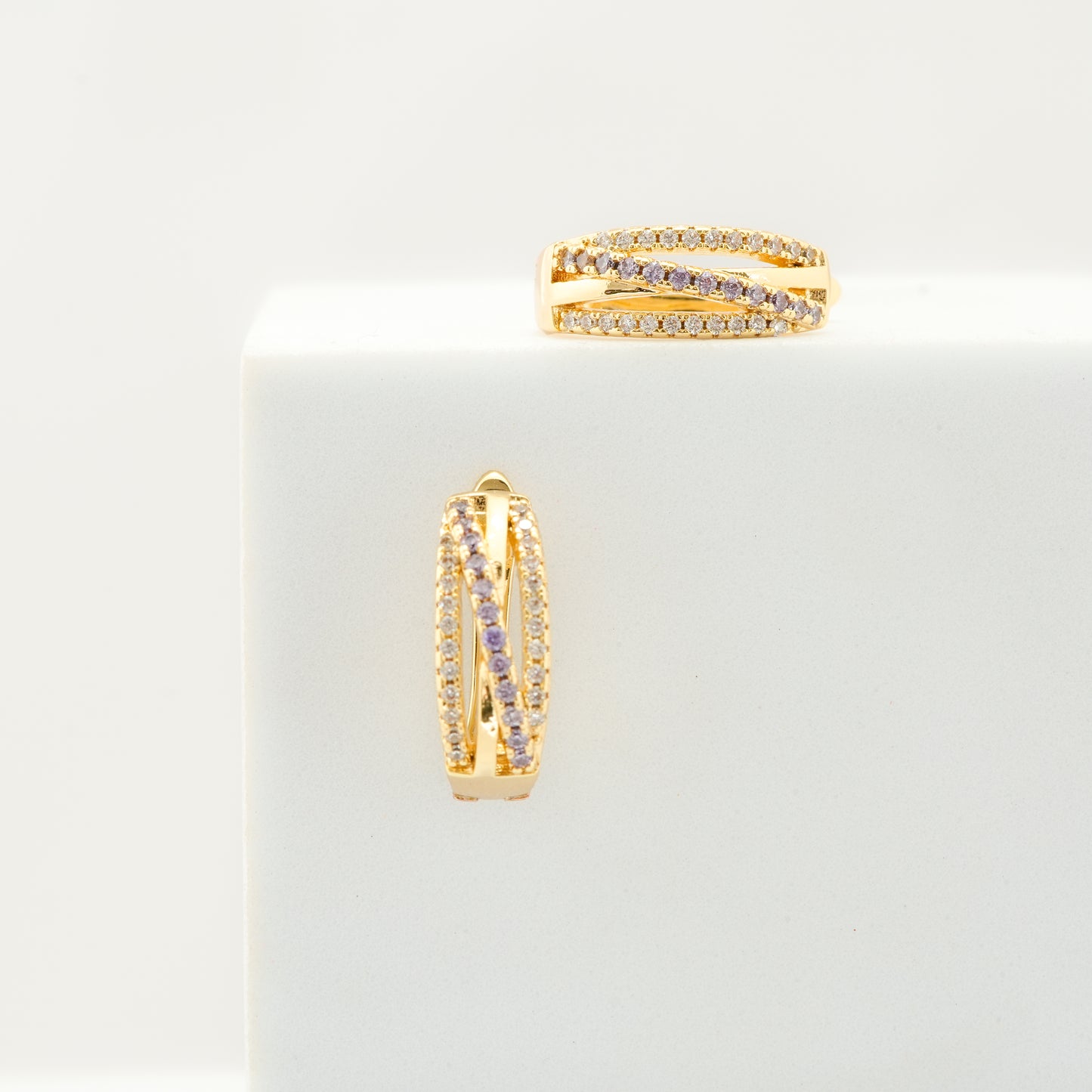 Gold-Plated Crisscross Hoop Earrings with Dual Rows of Diamond-Like Stones for Modern Glamour and Timeless Appeal