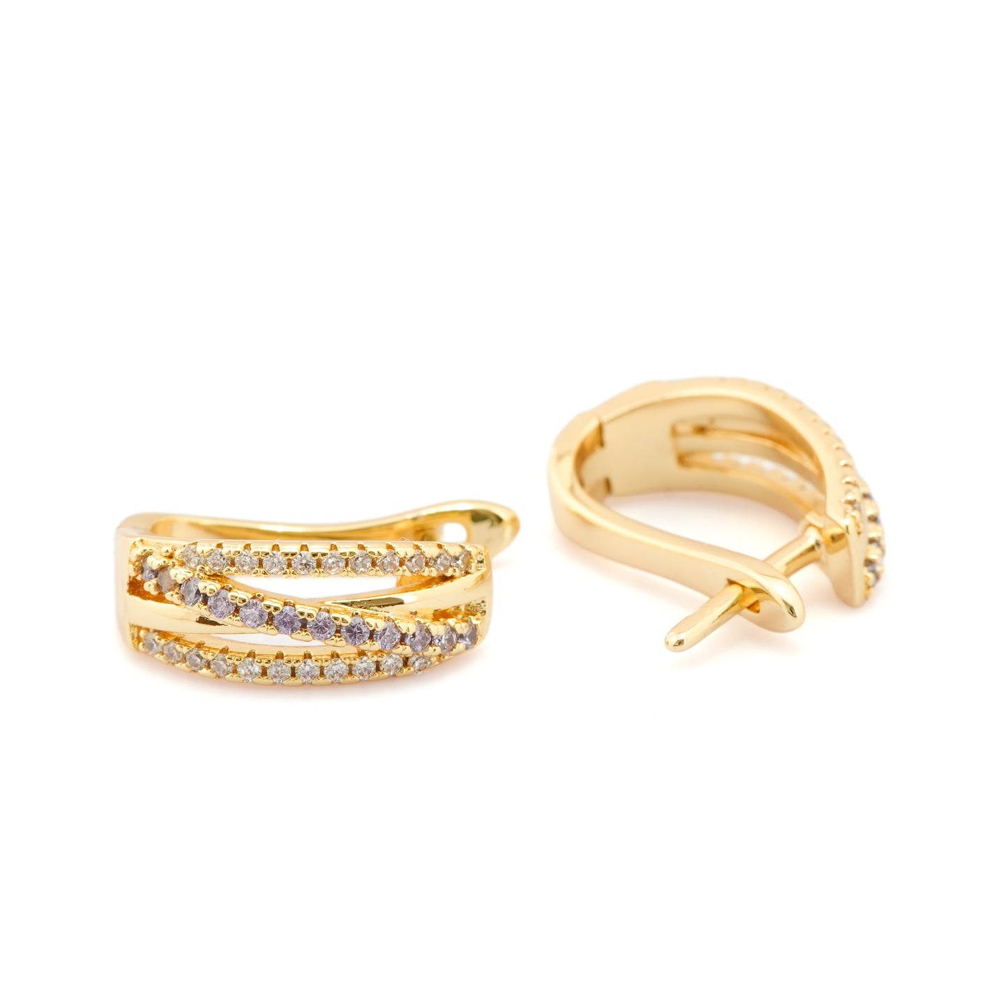 Gold-Plated Crisscross Hoop Earrings with Dual Rows of Diamond-Like Stones for Modern Glamour and Timeless Appeal