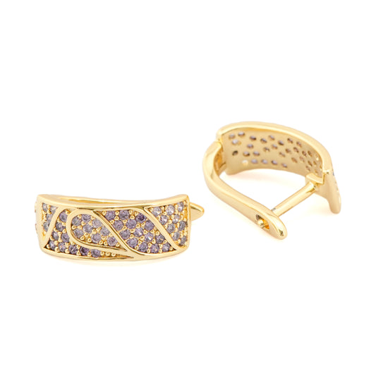 Gold-Plated Rectangular Hoop Earrings with Purple and White Pave Crystals in Elegant Wave Design