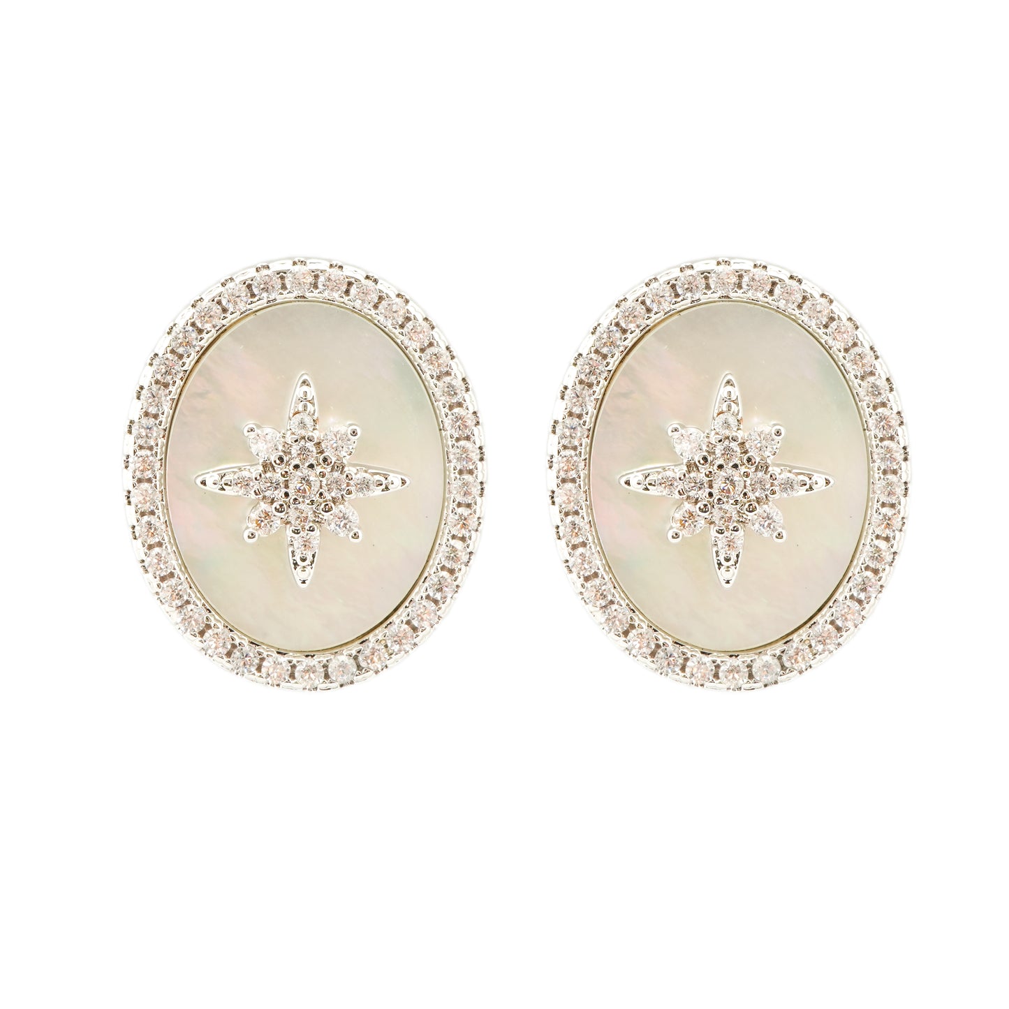 Elegant Mother-of-Pearl Oval Stud Earrings with Starburst Diamond Embellishment for Timeless Radiance