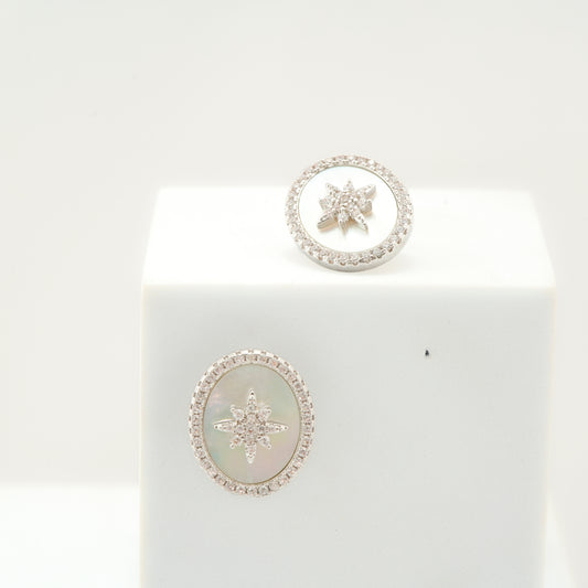 Elegant Mother-of-Pearl Oval Stud Earrings with Starburst Diamond Embellishment for Timeless Radiance