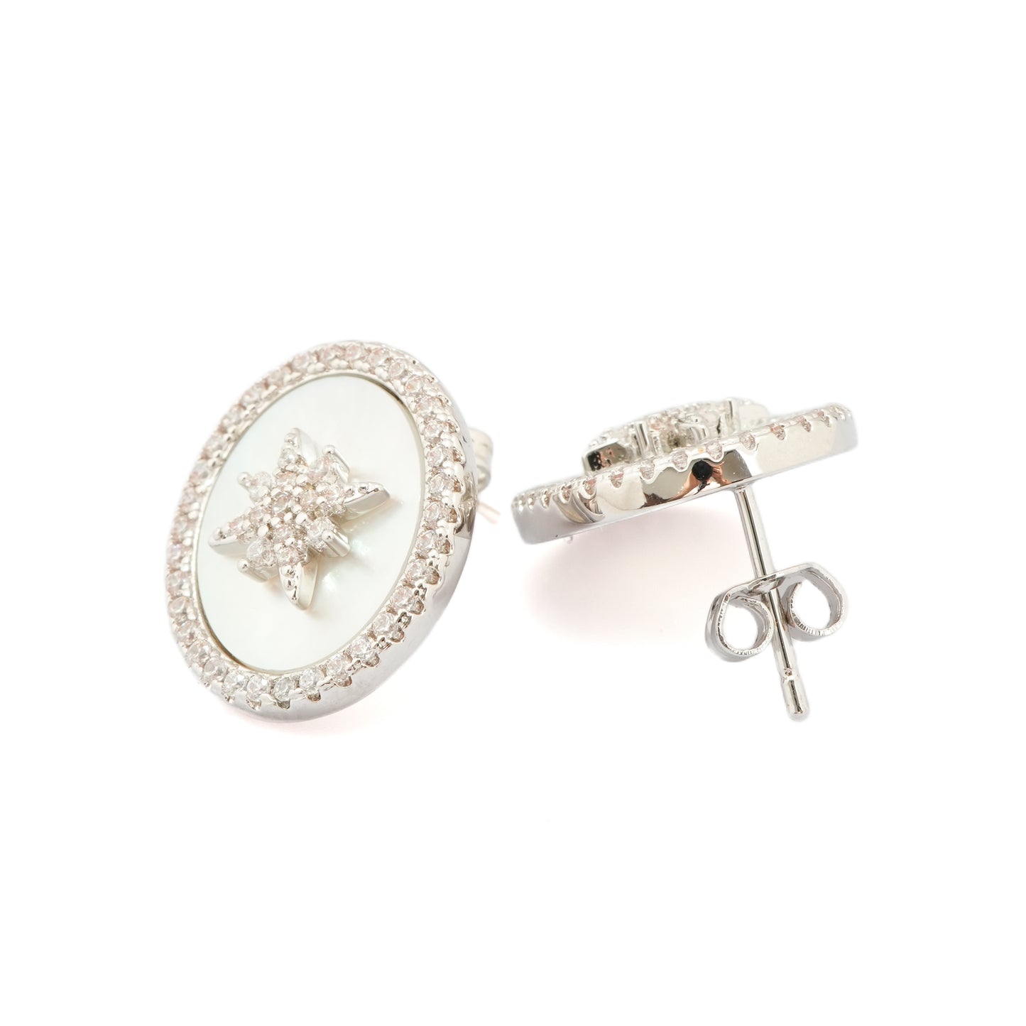 Elegant Mother-of-Pearl Oval Stud Earrings with Starburst Diamond Embellishment for Timeless Radiance