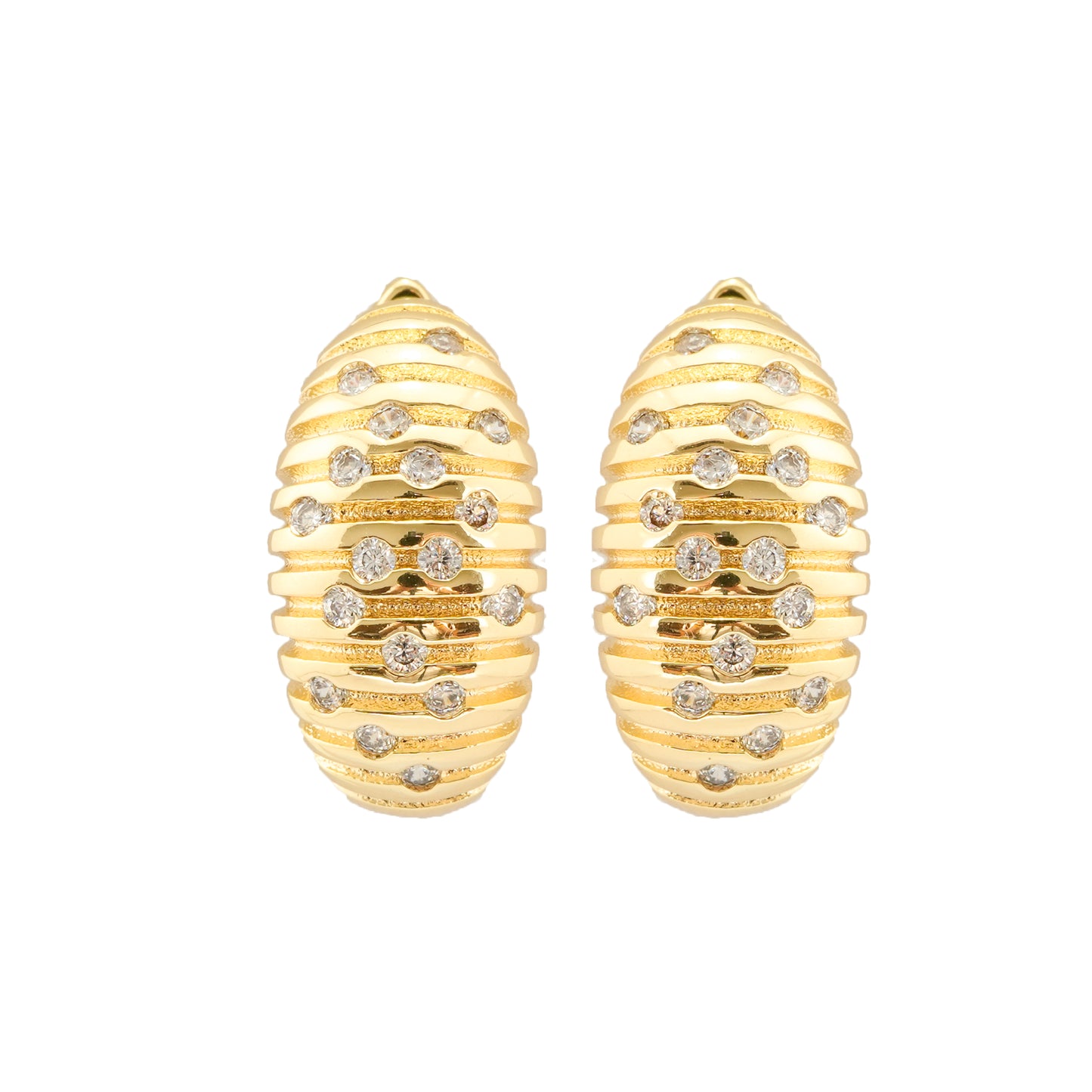 Gold-Plated Striped Half-Hoop Earrings with Diamond-Accented Detailing for Classic Everyday Sophistication