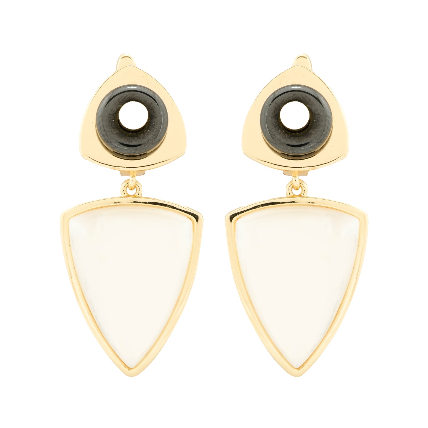 Gold-Plated Geometric Drop Earrings with Bold Black Accents and Minimalist White Shield Motif for Contemporary Style