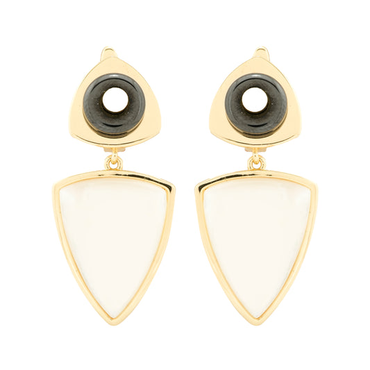 Gold-Plated Geometric Drop Earrings with Bold Black Accents and Minimalist White Shield Motif for Contemporary Style