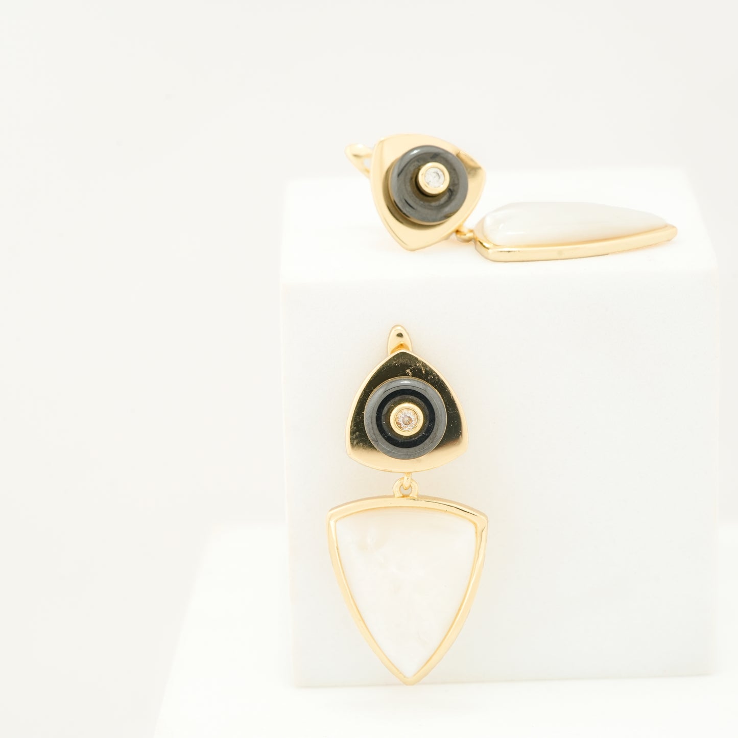 Gold-Plated Geometric Drop Earrings with Bold Black Accents and Minimalist White Shield Motif for Contemporary Style