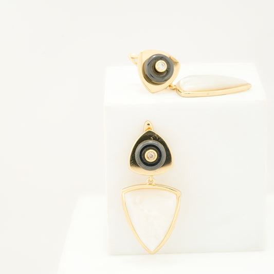 Gold-Plated Geometric Drop Earrings with Bold Black Accents and Minimalist White Shield Motif for Contemporary Style