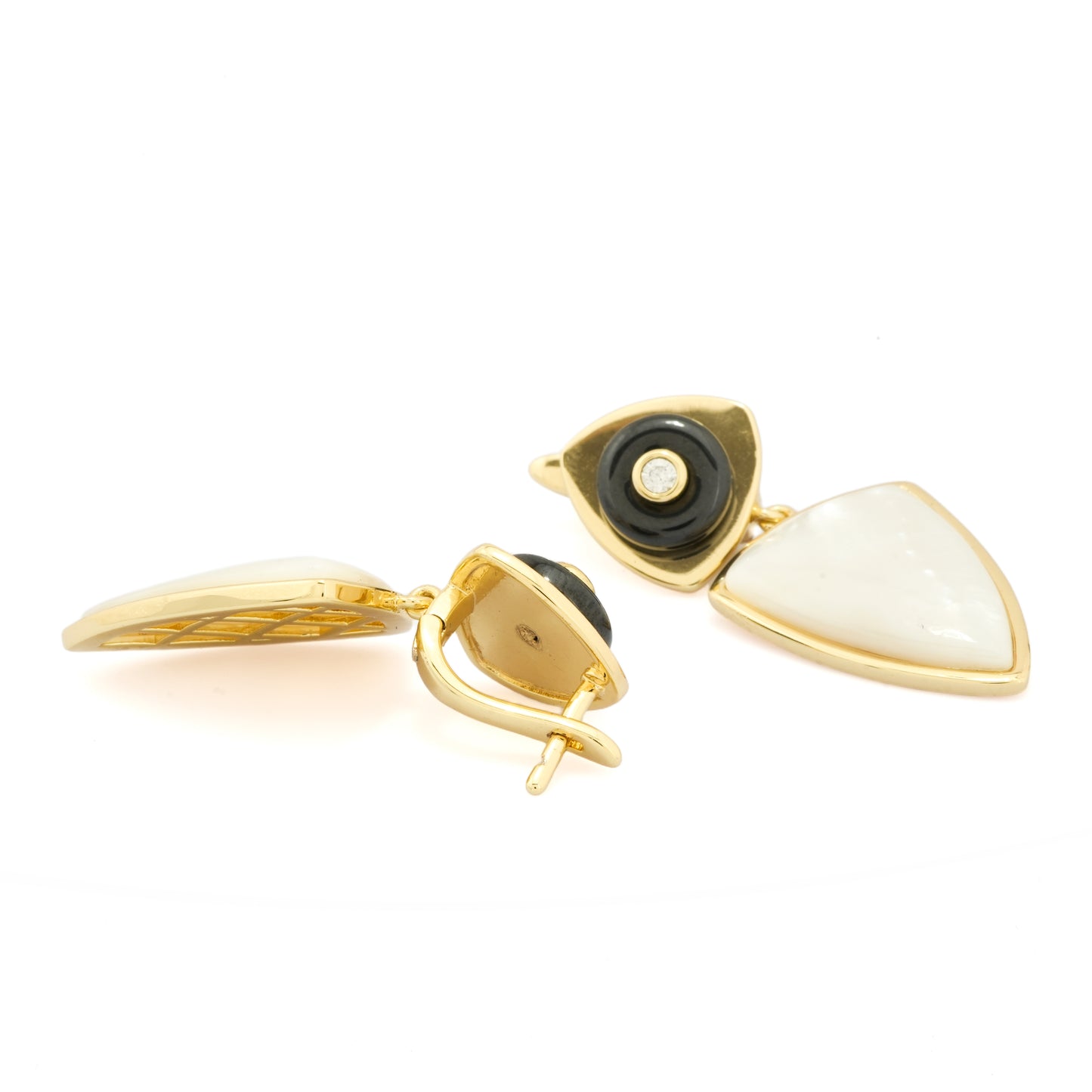 Gold-Plated Geometric Drop Earrings with Bold Black Accents and Minimalist White Shield Motif for Contemporary Style