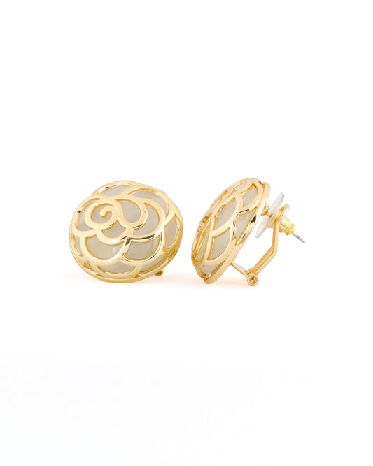 Elegant Gold-Plated Rose Motif Stud Earrings with White Enamel Accents in Delicate Floral Silhouette for Timeless Charm