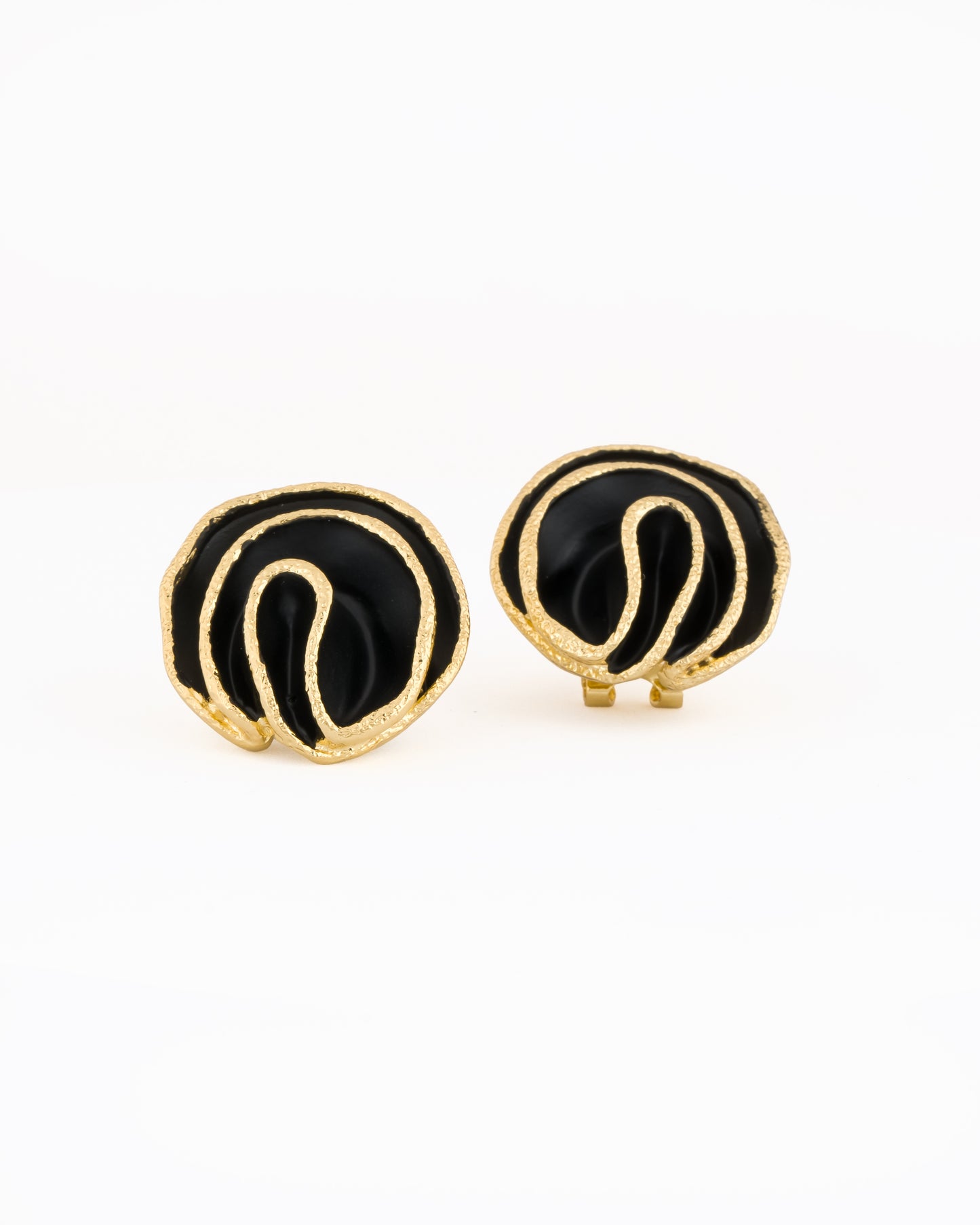 Gold-Plated Abstract Floral Stud Earrings with Black Enamel Accents and Organic Petal-Inspired Design for Contemporary Chic