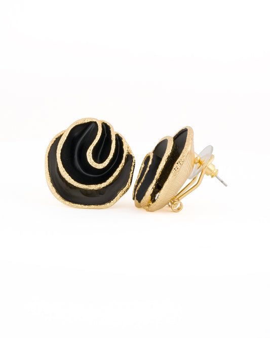 Gold-Plated Abstract Floral Stud Earrings with Black Enamel Accents and Organic Petal-Inspired Design for Contemporary Chic