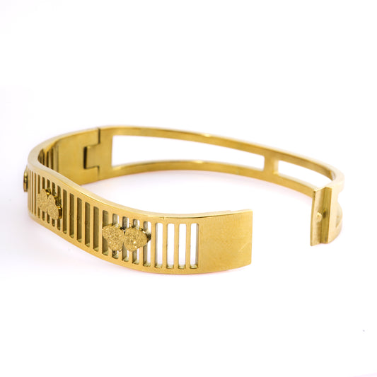 Mahttab Triple Clover Cutout Bracelet | Gold Finished Steel Bangle with V Shaped Frame and Brushed Clover Motifs | Elegant Openwork Bracelet for Daily and Festive Styling