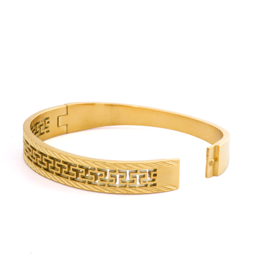 Mahttab Greek Key Bracelet | Gold Finished Steel Bangle with Intricate Greek Key Design | Classic Statement Bracelet for Daily and Festive Styling