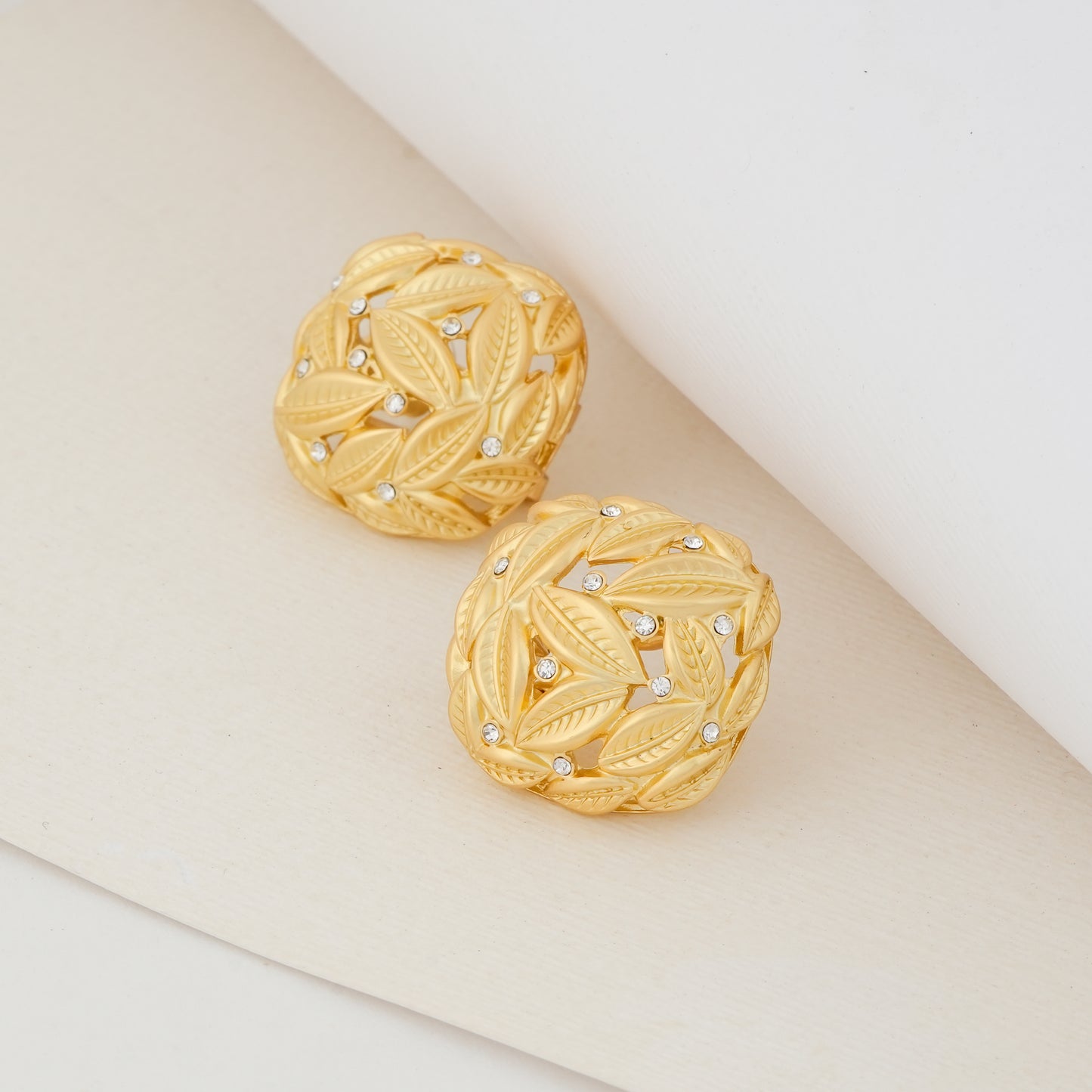 Artisan-Inspired Gold-Plated Woven Leaf Motif Earrings with Diamond Accents for Contemporary Heritage Glamour
